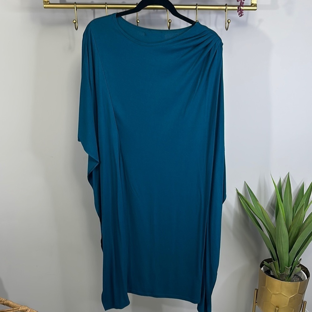 Elegant Teal Bat Sleeves Draped Dress